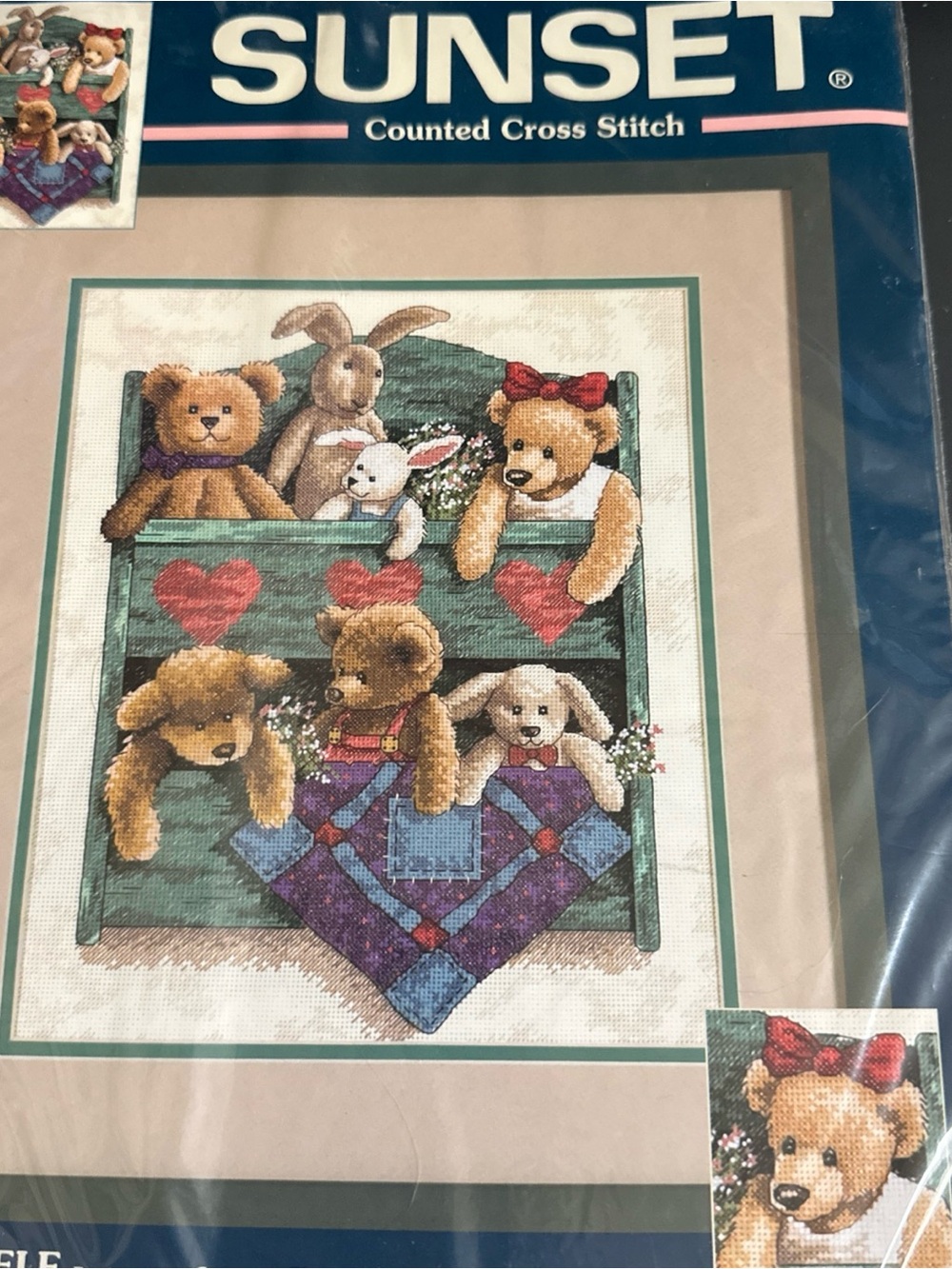 Sunset Counted Cross Stitch Teddy & Bunny Toy Box - Green & Brown New